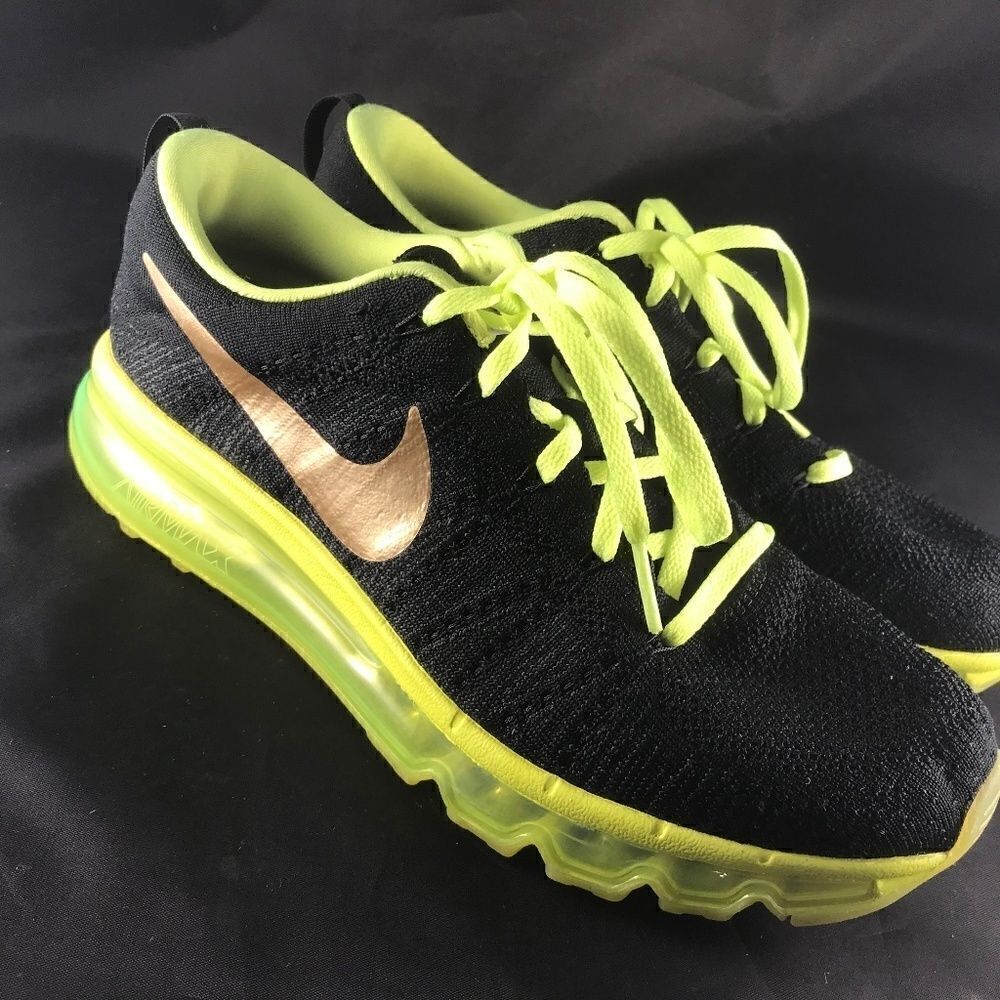 Mint Condition NIKE Flyknit MAX Nike iD Mens 8 Womens 9.5 Black Gold Volt Yellow